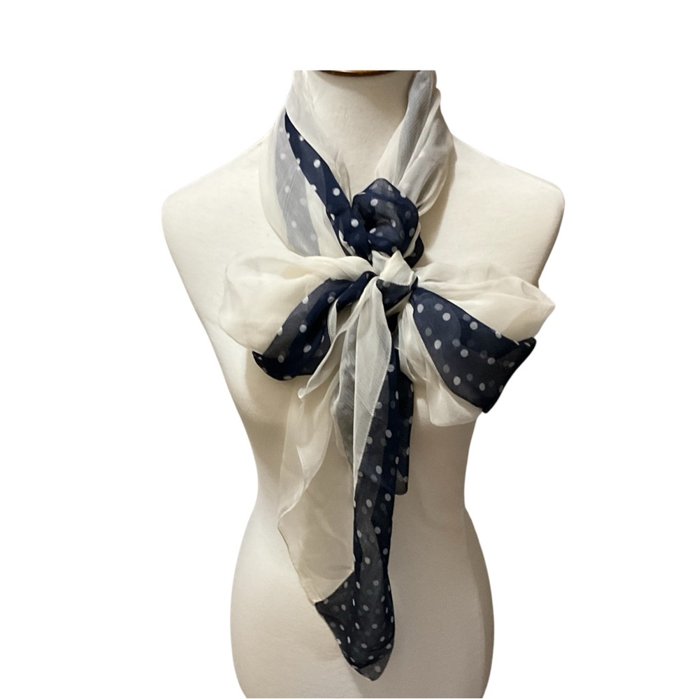 Saks Fifth Avenue French Silk Scarf Navy Polka Dot Ivory Sheer Made in France